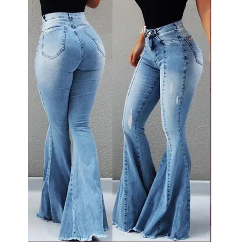 Slim Fit Denim Pants Bell Bottom High Waist Bootleg Jeans Stretch Flare Trouser Wide Leg Ripped Trousers