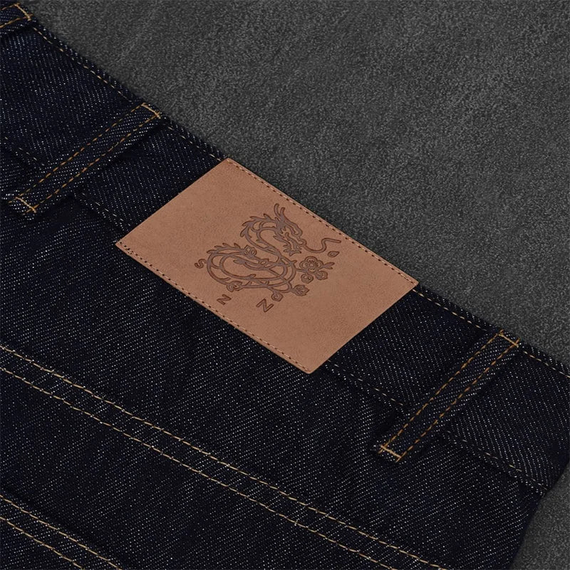 White Chinese Character Pattern Embroidery Pocket High Waist Loose Dark Straight Leg Jeans Y2K Retro Casual Streetwear