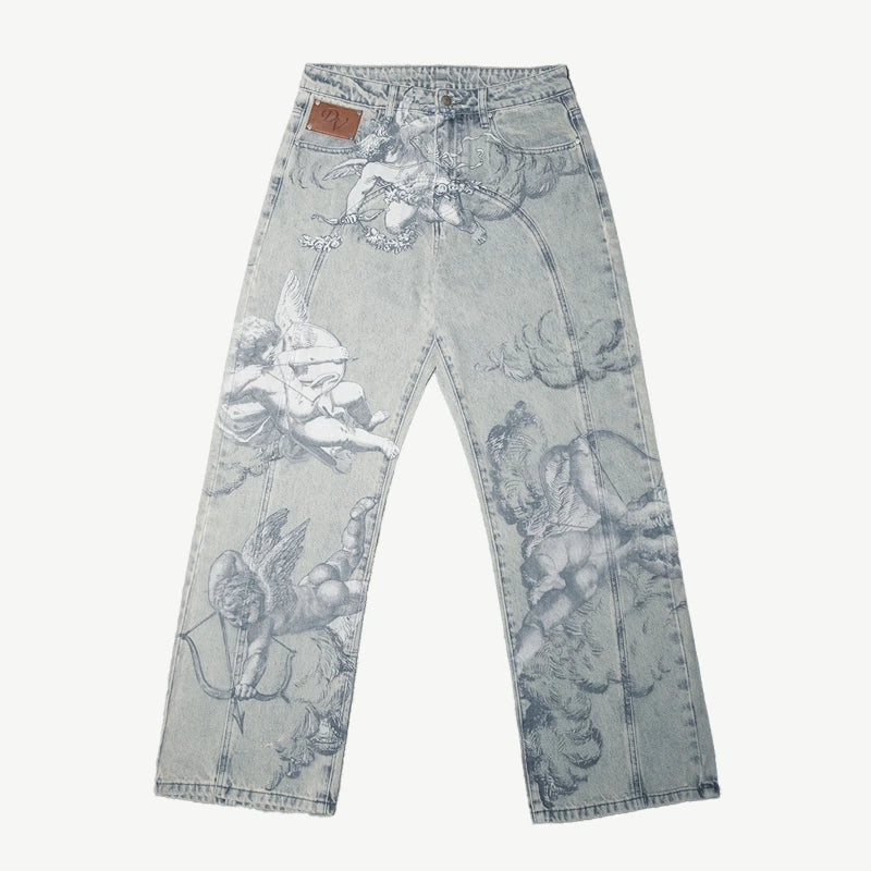 Y2k Angel Baggy Jeans Retro High Street Cupids Arrow Pants American Hip Hop Streetwear Unisex Casual Straight Jeans