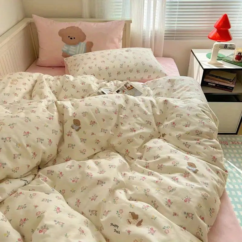 Floral Duvet Cover Set with Flat Sheet Pillowcase No Filler Girls Twin Full Queen Size Korean Soft Bedding Set