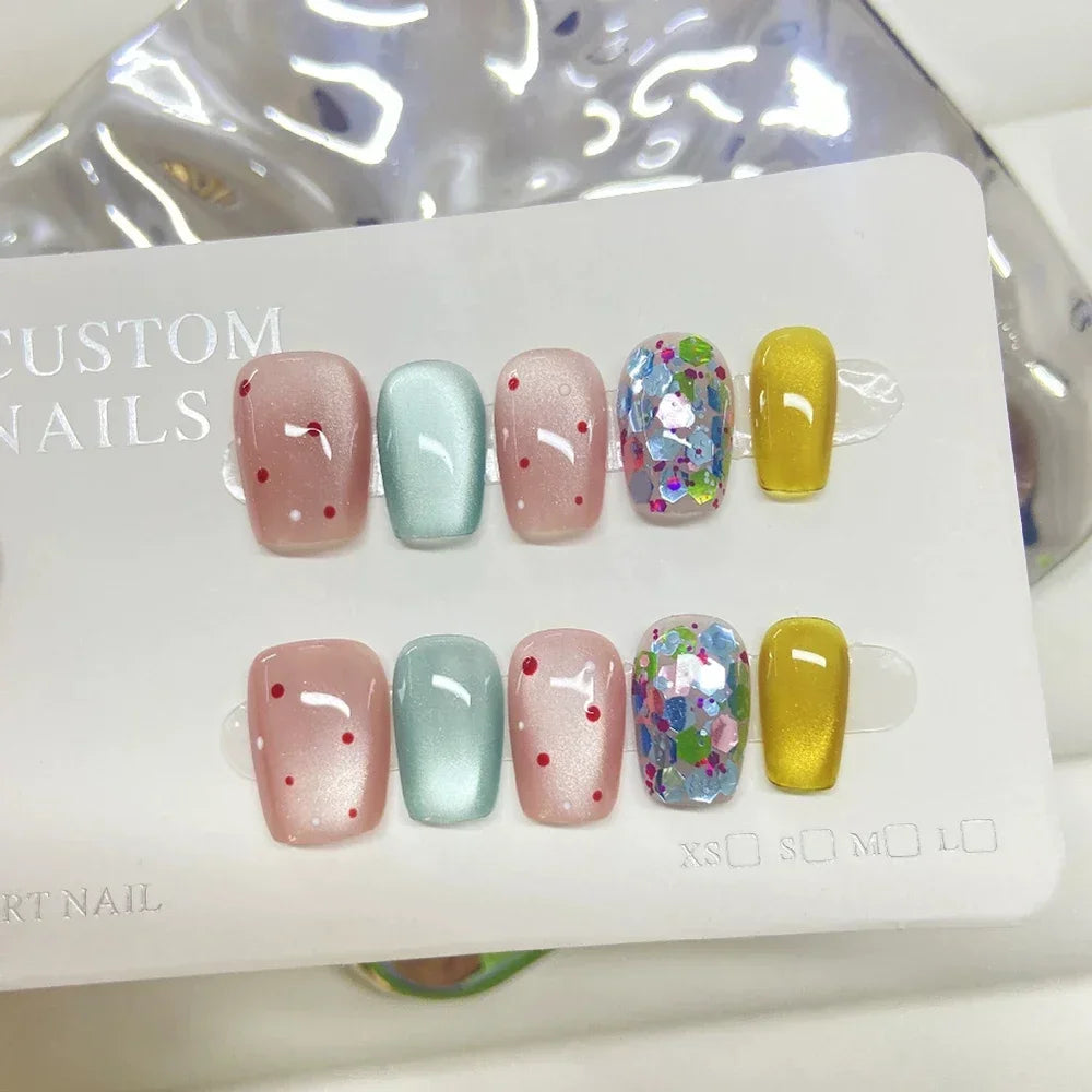 Beauty Colorful Short Square Round Detachable Manicure Kawaii Cat Eyes Glitter Sequins Rhinestone Handmade Full Cover Nail Tips