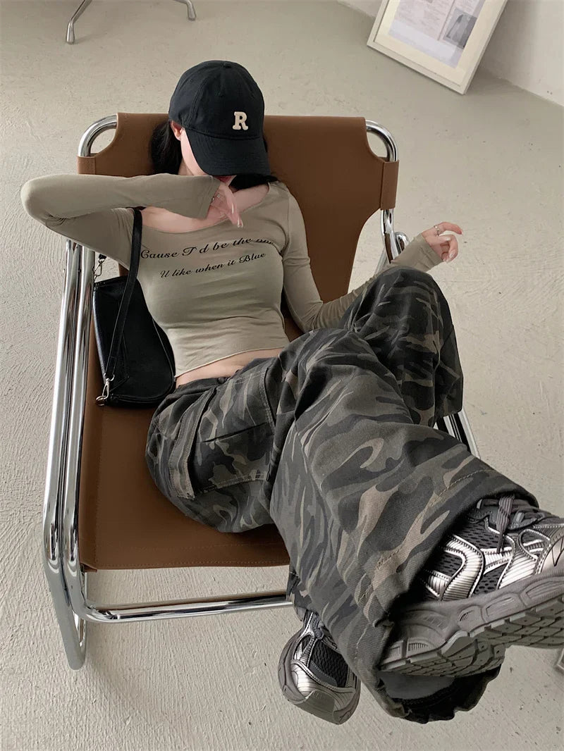 Low Rise Jeans Y2k Ladies American High Street Baggy Pants Camouflage Drawstring Mop Jeans