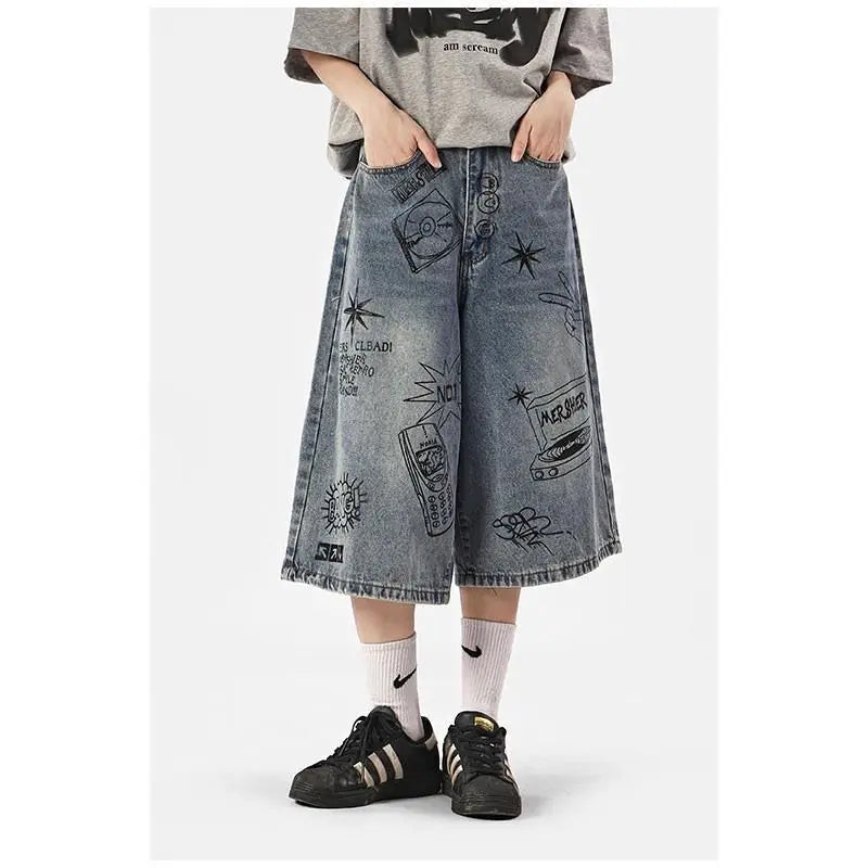 Y2k Style Baggy Denim Shorts Wide Leg Short Pants High Waisted Dark Wash Knee Length Loose Unisex Jeans Casual