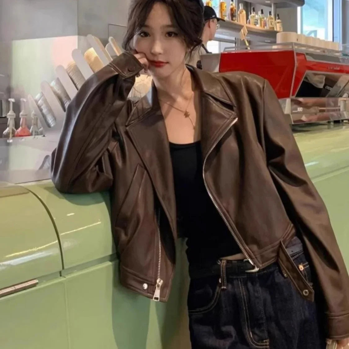 Café Brown PU Leather Jacket Short Loose Retro Long Sleeve Motorcycle Jacket Top