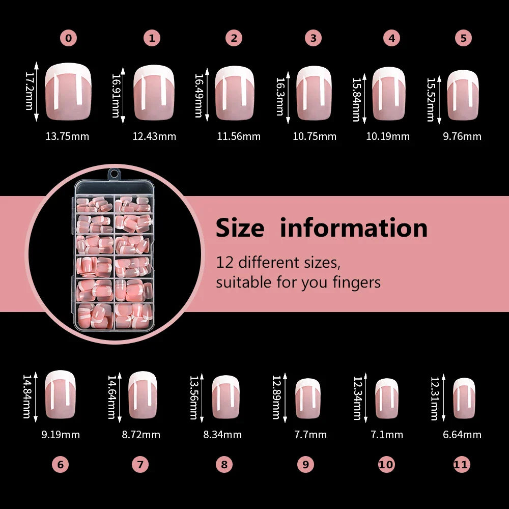 120Pcs Pink French Short Square Fake Nails 12-Sizes Full Cover Press On Nails Wearable Detachable Finished False Fingertips *TD