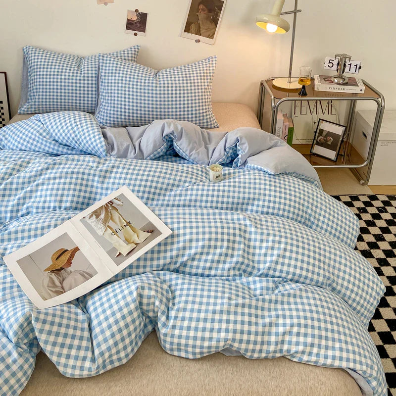 Japanese Style Check Queen Quilt Cover Set 1/3 Pcs Soft Washed Duvet Cover