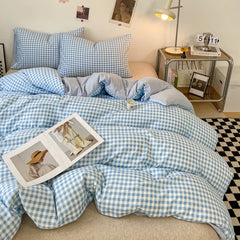 Japanese Style Check Queen Quilt Cover Set 1/3 Pcs Soft Washed Duvet Cover