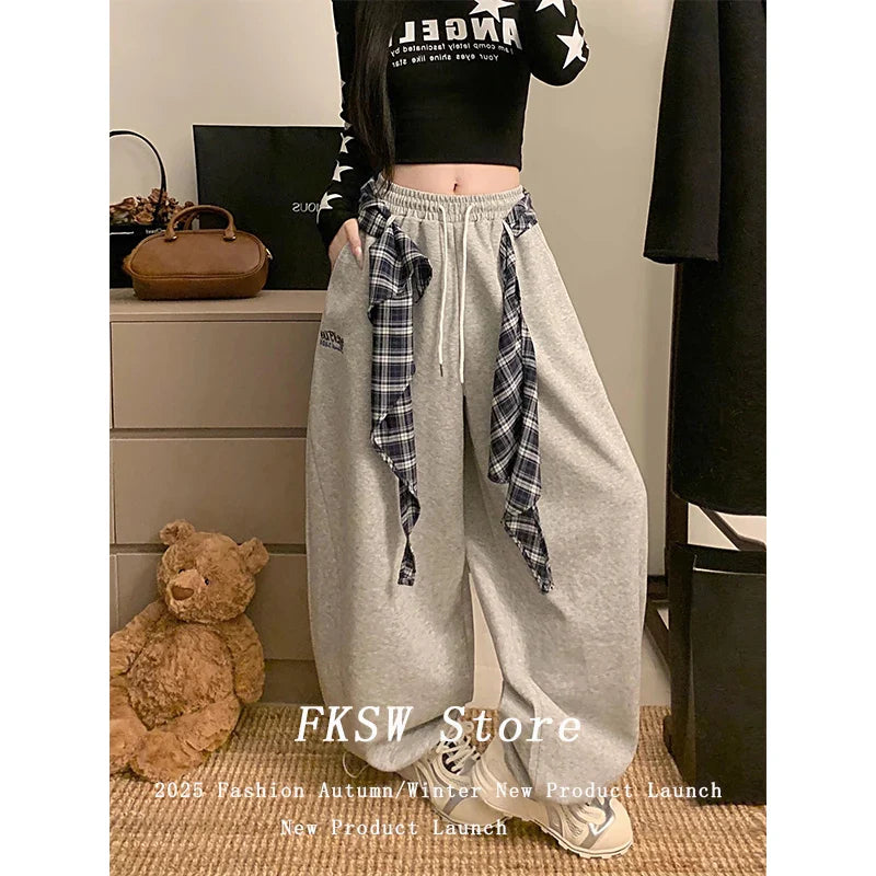 Baggy Drawstring Pants Gray Long Trousers Wide Fit Pants Y2k Harajuku Japanese Loose American Retro Hip-pop Sweat Pants