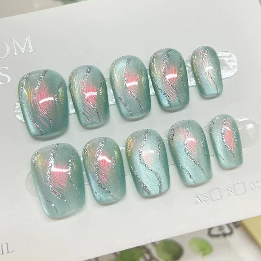 Beauty Colorful Short Square Round Detachable Manicure Kawaii Cat Eyes Glitter Sequins Rhinestone Handmade Full Cover Nail Tips