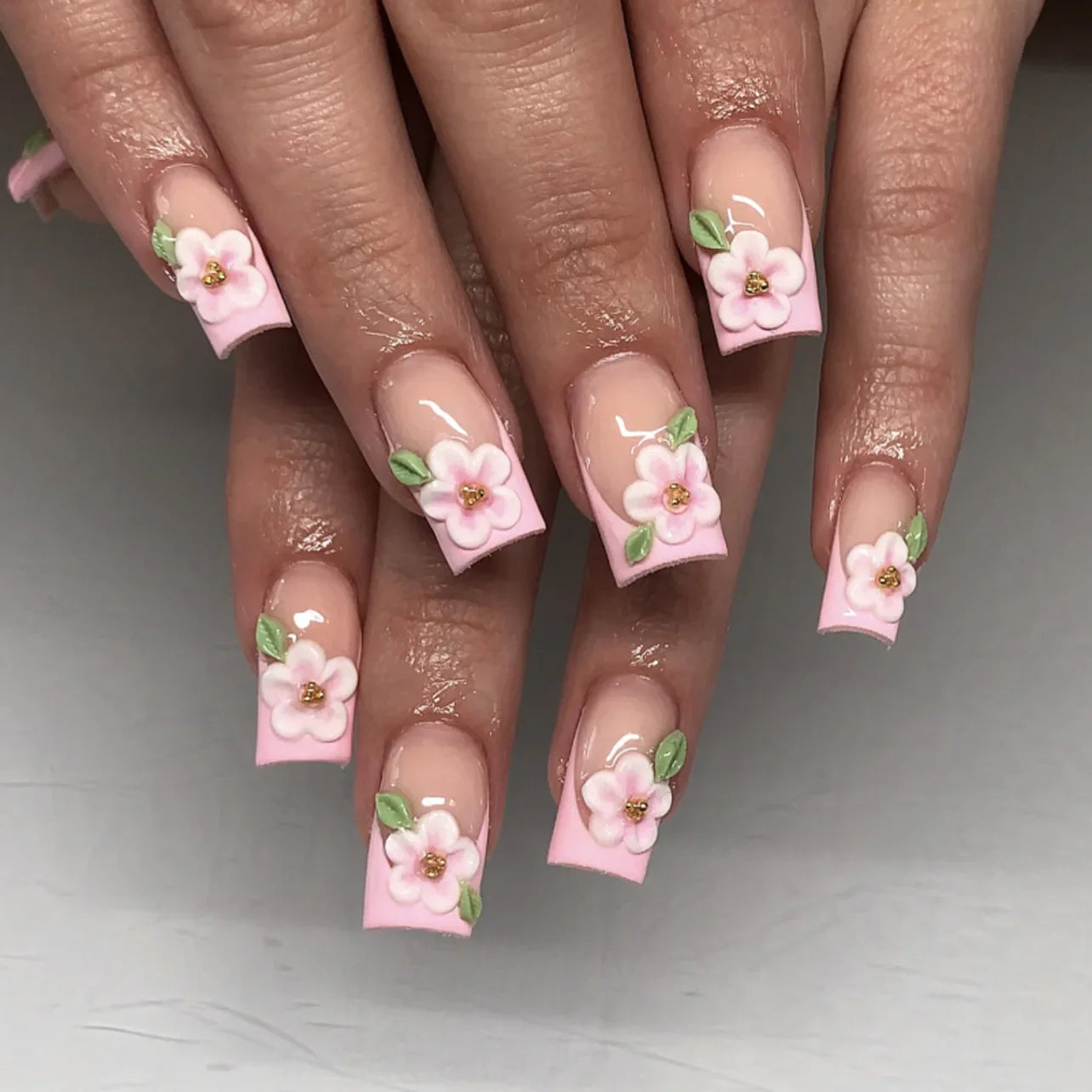 24pcs Fresh Long Coffin Fake Nails Yellow French Style Flower Printed Metal Butterfly Designs Press On Nails False Nail