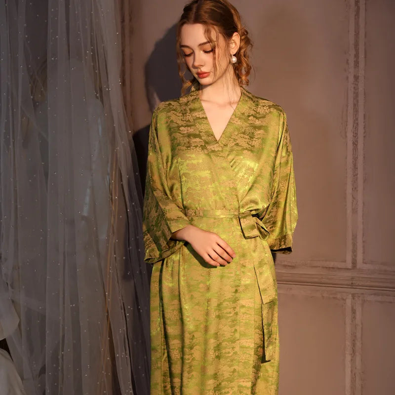 Luxury Jacquard Long Robe Nightgown Half Sleeve Kimono Bathrobe Gown Satin Ice Silk Sleepwear Home Dress Lounge Wear