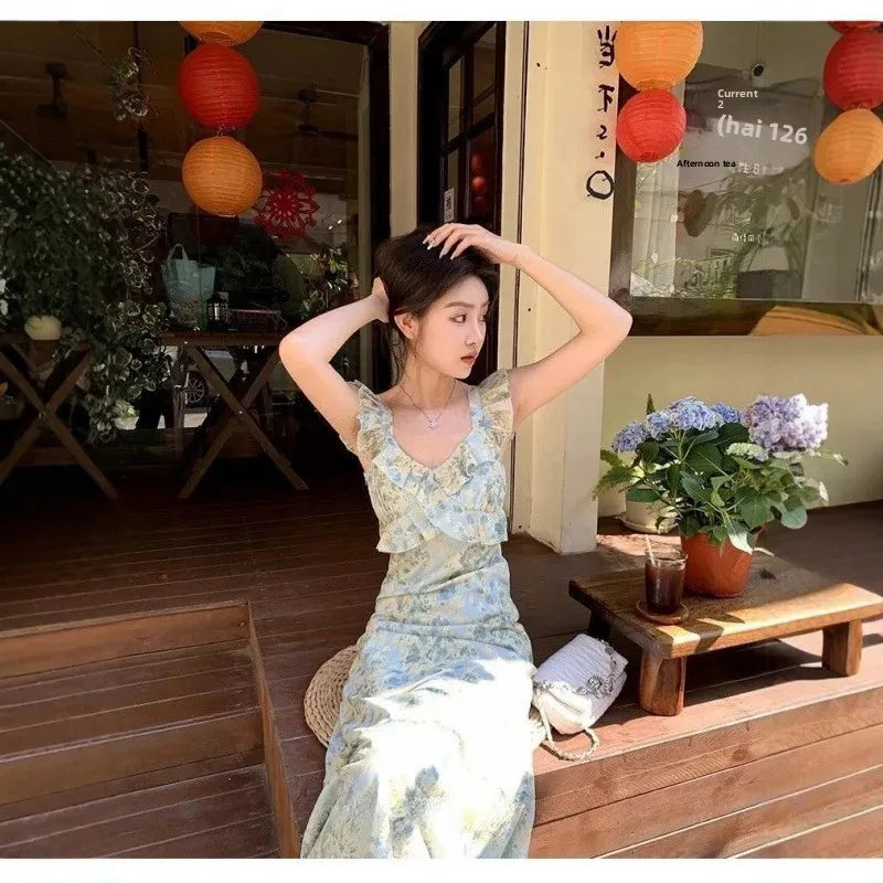 Mint Wave Style Floral Print Dress Tea Break Small Fly Sleeve Long Skirt French Style Slimming Elegant Gown