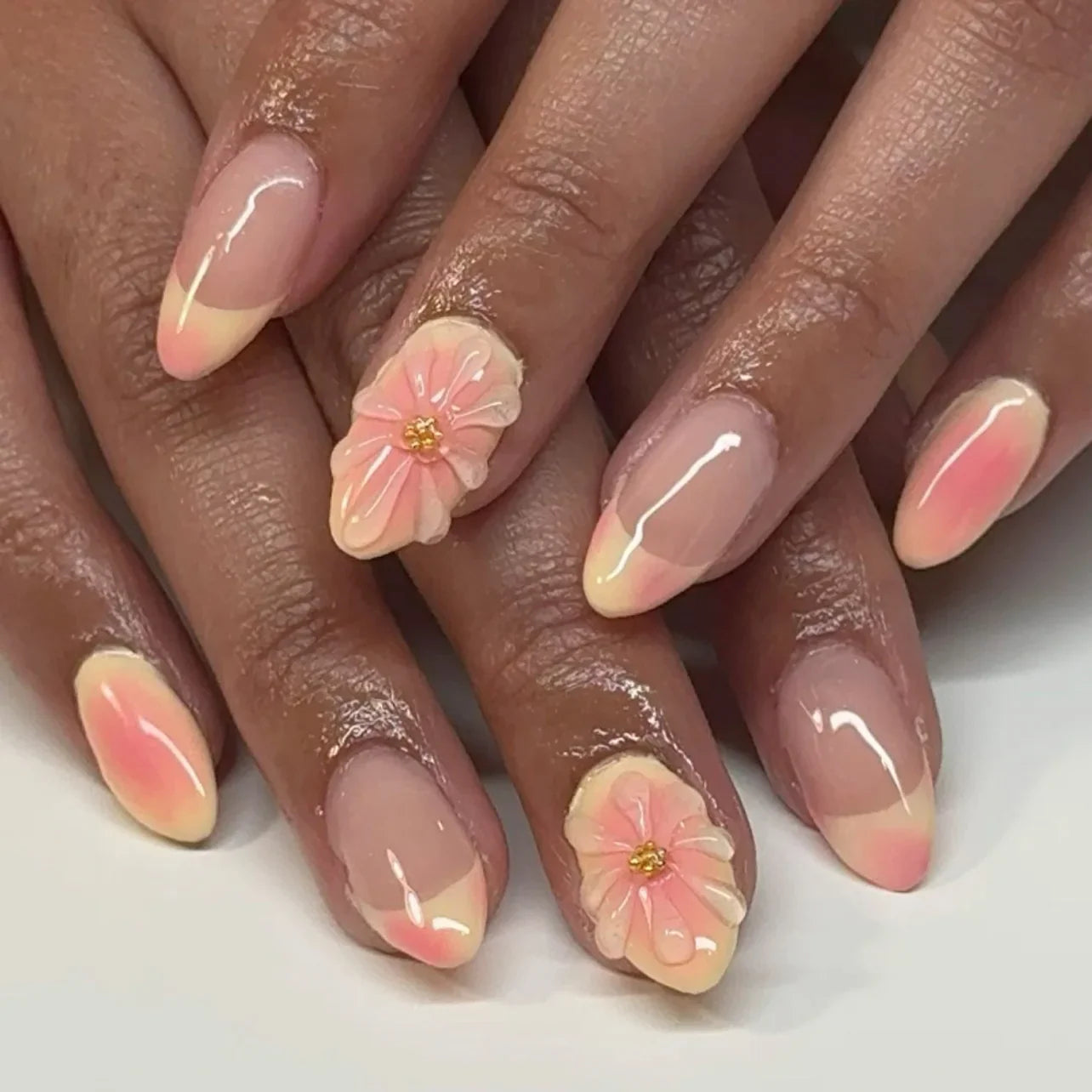 Blue White French 3D Flower Shell Nail Art Beach Almond False Nails Detachable Finished Fake Nails Press on Nails