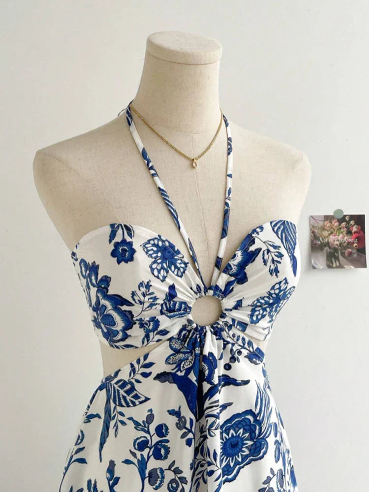 Romantical Floral Print Halter Neckable Dress Easy to Create Lazy Stylish Vacation Style Dress