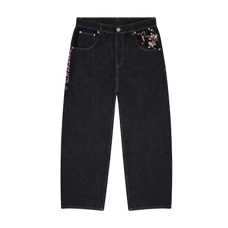 Y2K Harajuku jeans Goth vintage plum blossom embroidery pattern wide leg pants denim fabric American style street wear