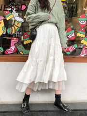 Long Tulle Midi Skirts  Elastic High Waist Mesh Tutu Pleated Skirts Black White Long Skirt Streetwear