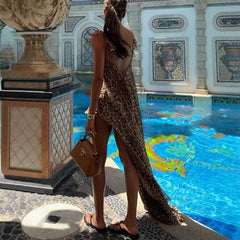 Beach Vacation Dress Set Chiffon Print Halter Long Dress Loose Leopard Print Shorts Elegant Casual Outfit