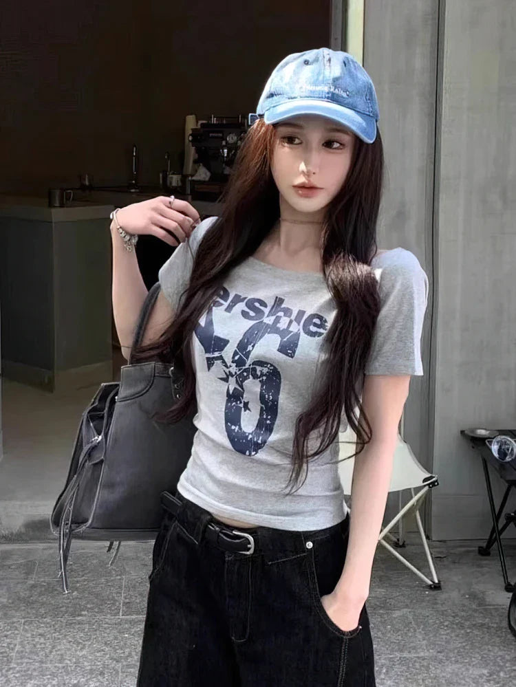 Y2k Sport Off shoulder Top Vintage 2000s Short sleeve T shirt Lady Body Basic Crop Top Casual