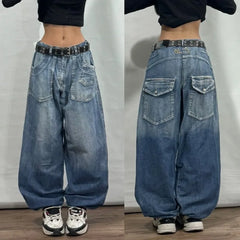 American Geometric Pattern Embroidered Baggy Jeans Y2K Harajuku Vintage Hip-hop Casual Wide-leg Pants