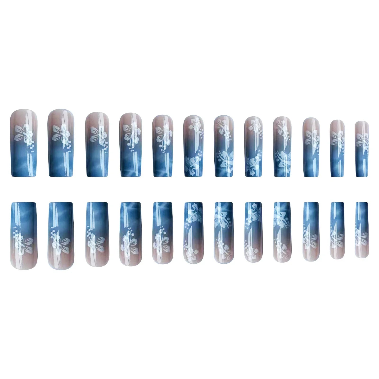 24pcs Y2k Sea Blue Gradient Fake Nails With Water Ripples Designs Long Square Coffin False Nails Set Press On Nail Tips