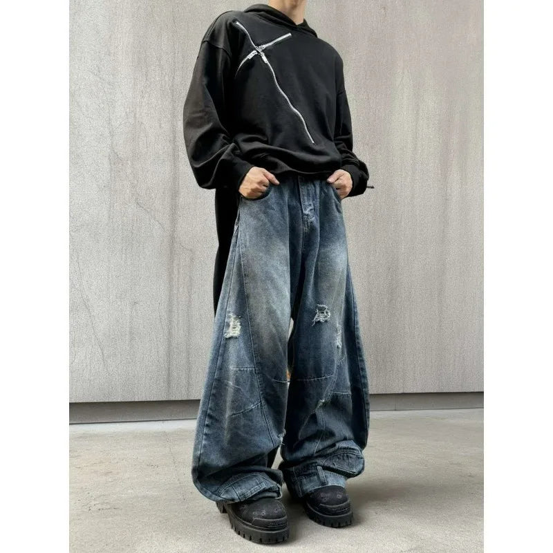 98% Cotton Jeans American Y2k Streetwear Hole Patchwork Design Denim Pants Youth Straight Baggy Stretch Jeans