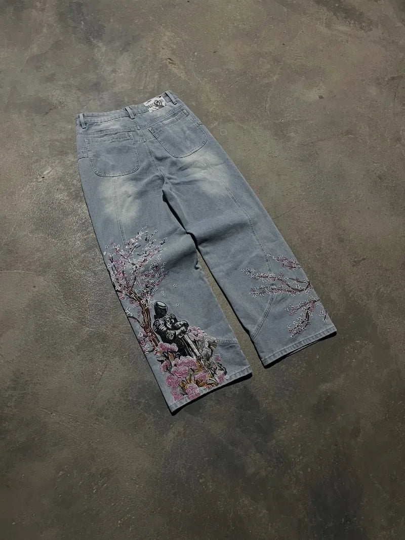 American Vintage Cherry Blossom Pattern Embroidered Blue Jeans Y2K Street Wild Straight Wide-leg Trousers