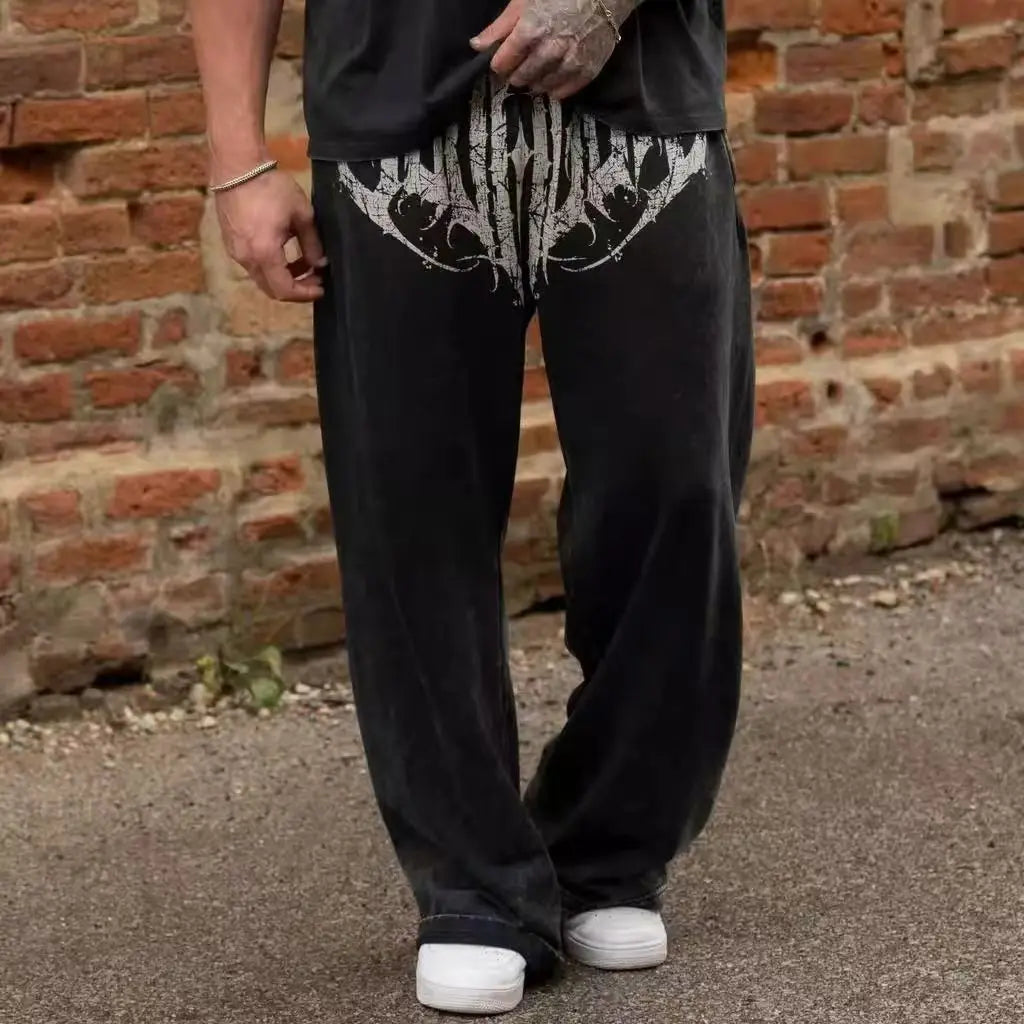American Style Trend Printed Cotton Straight Wide Leg Pants Fitness Training Jogger Casual Sweatpants Sports Pants