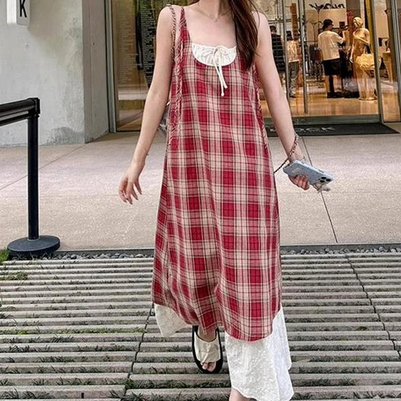 Plaid Fake Two Piece Suspender Dress Retro Loose Long Dress