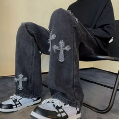 Cross Embroidery Y2k Jeanss Straight Denim Pants Casual Vintage Jeans Versatile Streetwear High Street Pants