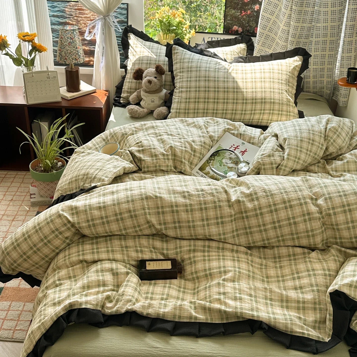 Plaid Bedding Set Double Yarn Classic Vintage Duvet Cover Set Flat Sheets Set 2 Pillowcases Single Twin Full Queen Size