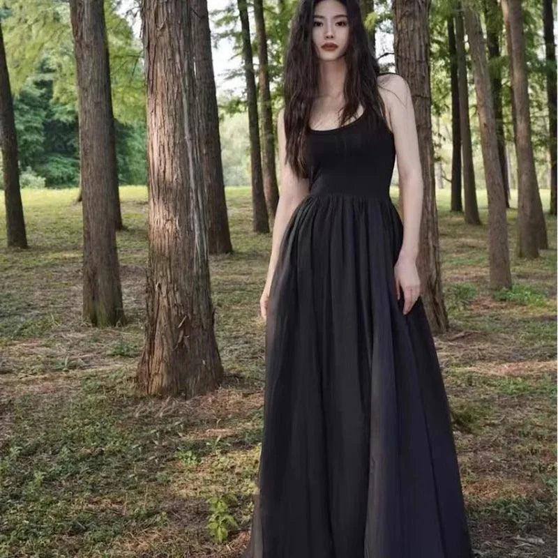 Black Strapless Long Dress Slim Sleeveless O-Neck High Waist Dresses Party Vestidos