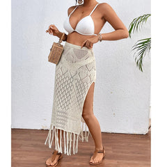Knitted Texture Sarong Skirts High Slit Tassel Cover-Up Beach Vacation Wrapped Skirt Bikini Cover Up