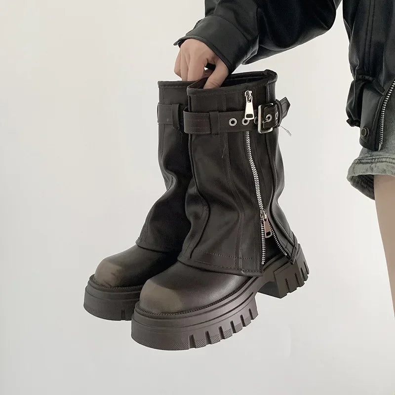 Biker Boots Belt Buckle Ladies Elegant Platform Long Pipe Booties Casual Knee High Booties2025