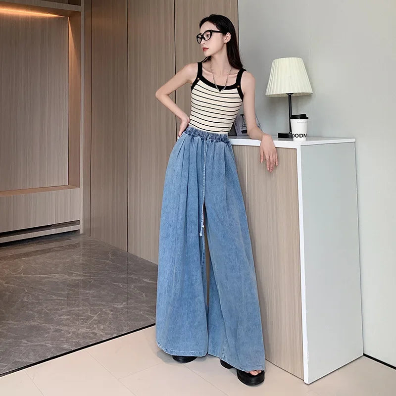 Loose-Fit Plus Size Jeans Slimming Wide-Leg Ground-Length Simple Style Casual Ladies Pants