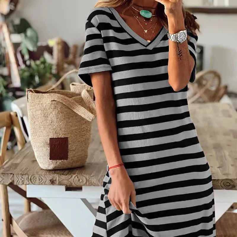 loose striped printed long dress with slits on both sides