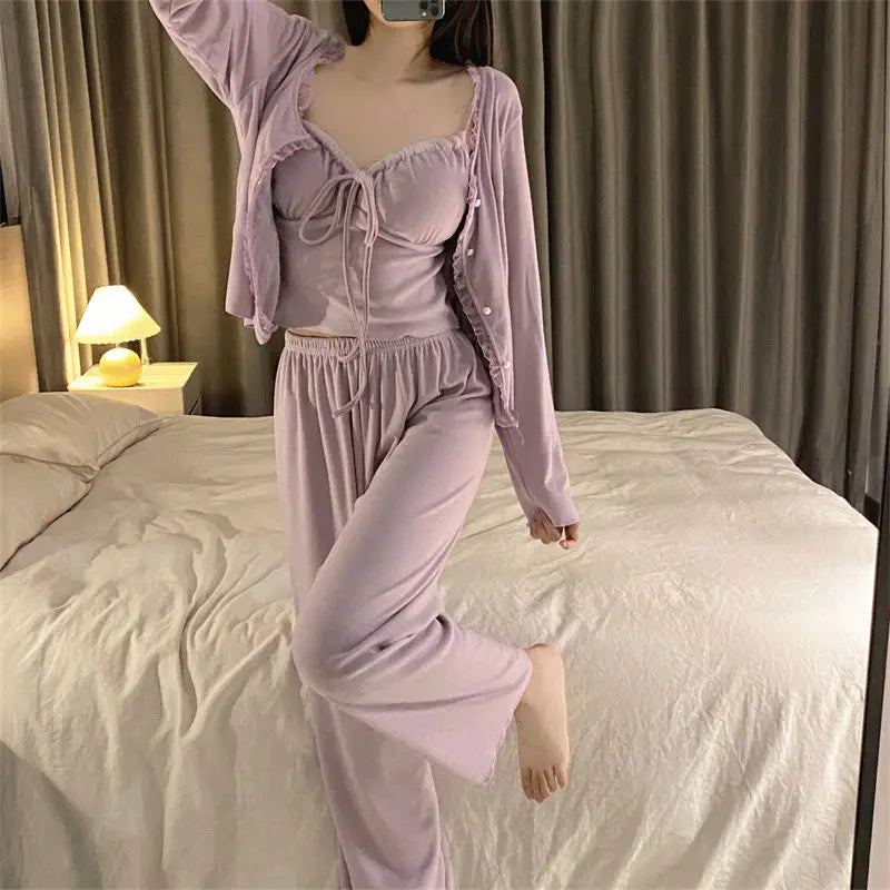 Solid Color Pajamas Sets Outfit Strap Top Long Short Pants Sleepwear Suit Girl Comfotable Home Clothing XXL