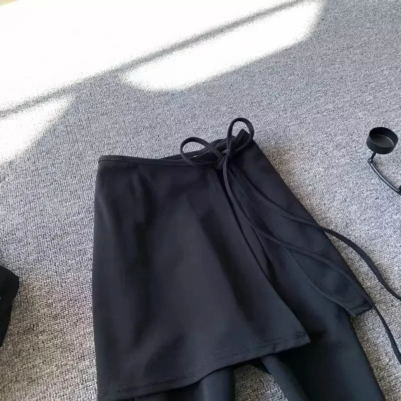 High Waist Casual Pants Yoga Butt Covering Skirt Elastic Slimming Drapey Suit Long Pants Black Two-Piece Set
