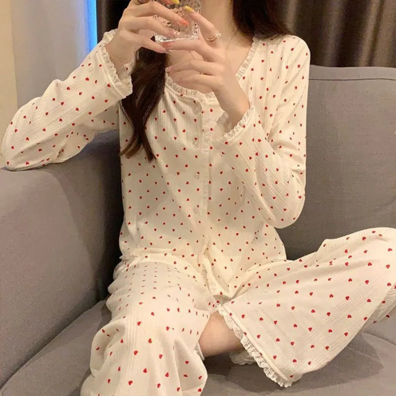 Floral Long Sleeve Fitting Sleepwear Two-piece Set Lace Trim Cotton Pajama Cute Casual Outable Home Suit Set