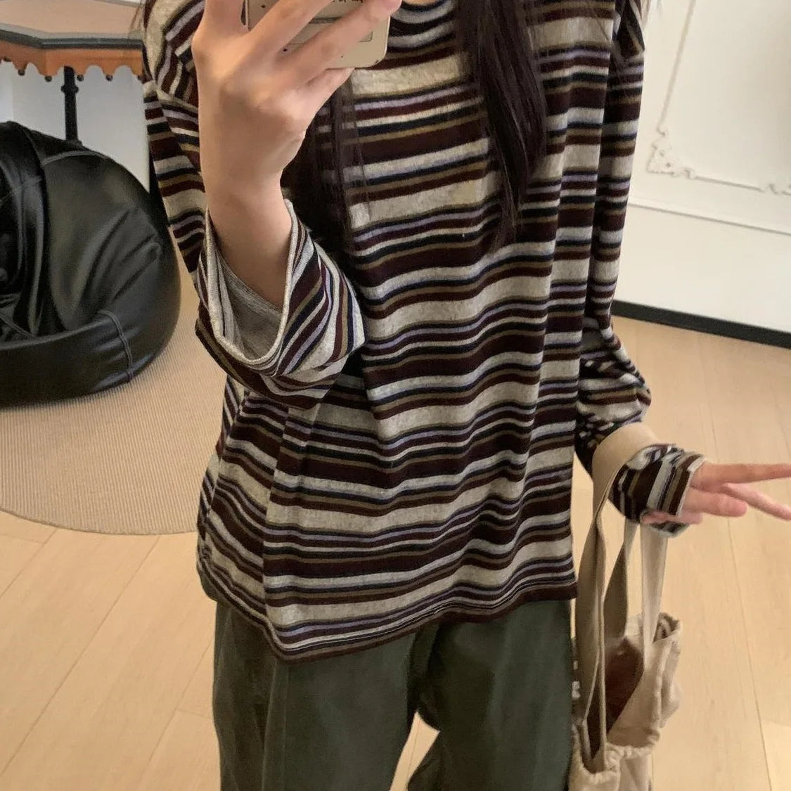 Long Sleeve Striped Korean Style Loose T-shirt Polyester Fiber round Neck Casual Slimming Top