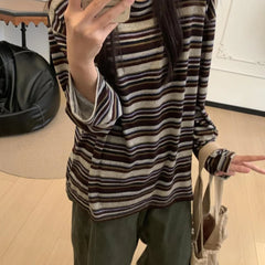 Long Sleeve Striped Korean Style Loose T-shirt Polyester Fiber round Neck Casual Slimming Top