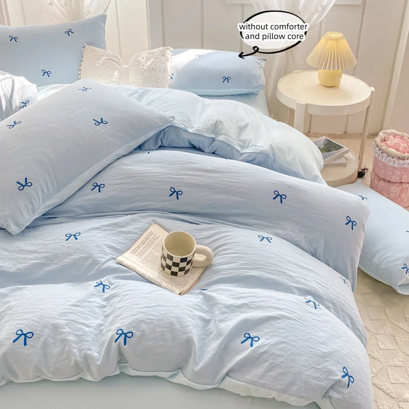 3 Piece Sheet Set pink bowknot embroidery duvet cover Set