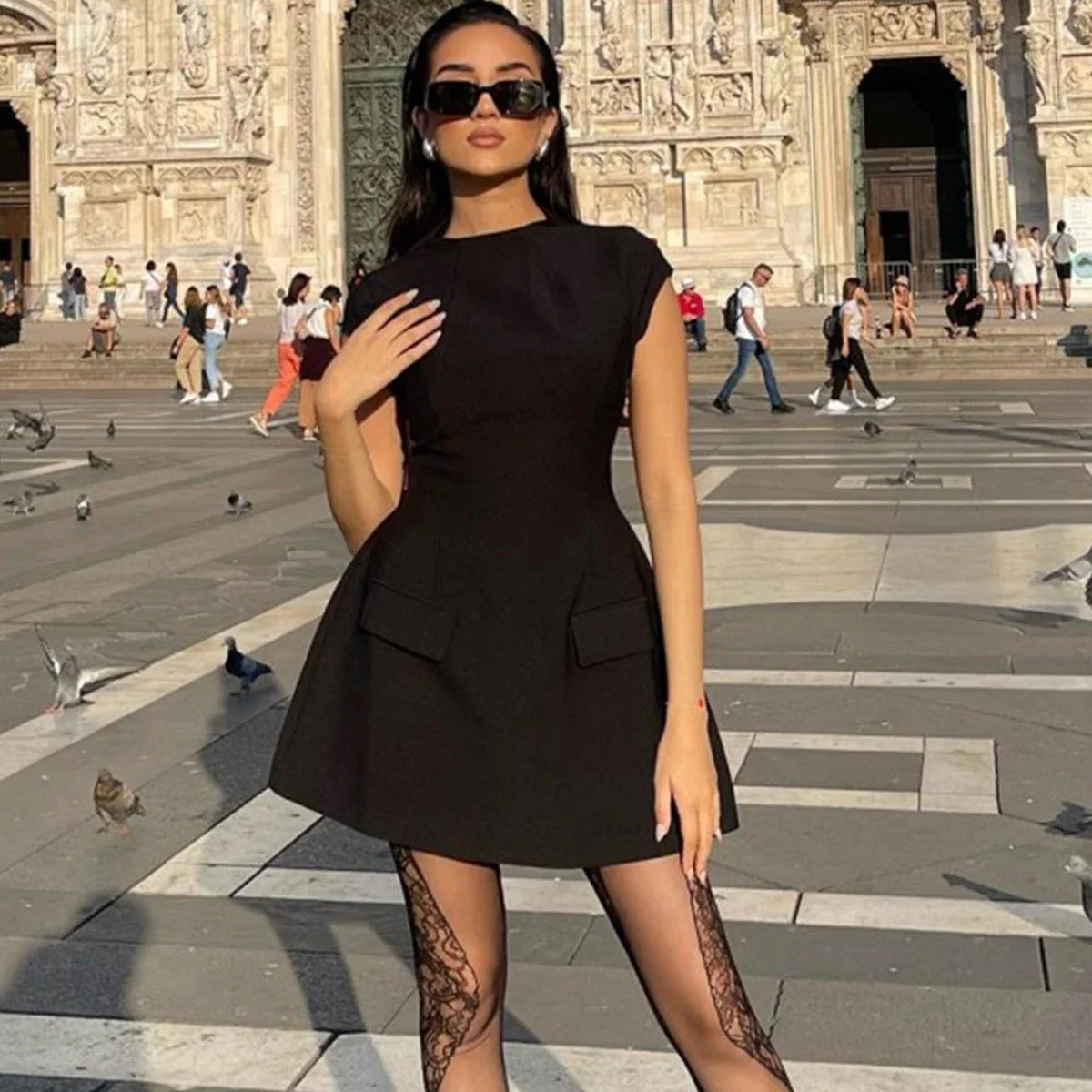 Slim Fit Hollow Mini Dress Y2K Sleeveless A- LINE Black Dress High Street Commute Elegant Dresses