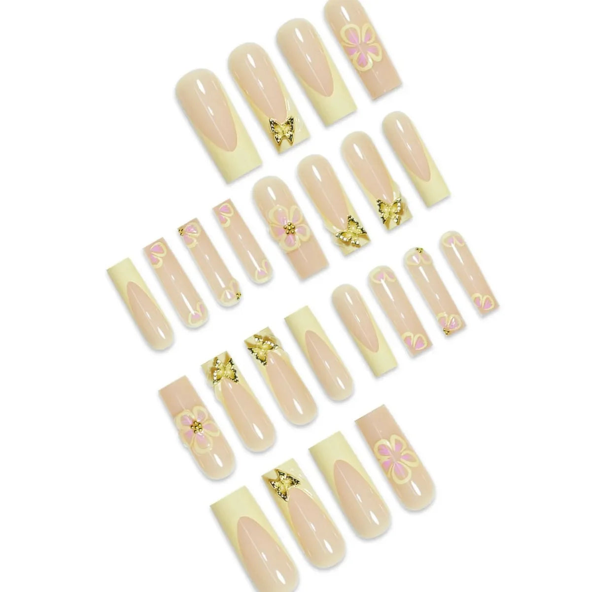 24pcs Fresh Long Coffin Fake Nails Yellow French Style Flower Printed Metal Butterfly Designs Press On Nails False Nail