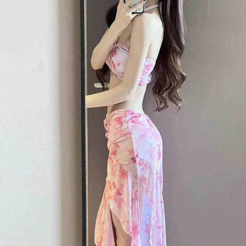 Long Dress Bikini Halter Neck Swimsuit with Removable Pads Beach Cover Up Flowy Swimsuit