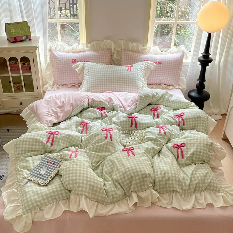 Korean Style Bedding Sets Pink Grid Bow Quilt Cover Romantic Bed Sheet Sets Girls Bedroom Duvet Cover 4pcs