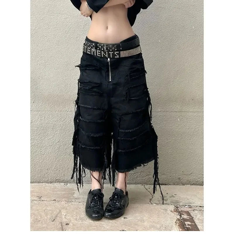 Harajuku Vintage High Waist Black Retro Washed Denim Shorts Gothic Casual Loose Y2K Streetwear Mid Long Short
