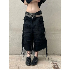 Harajuku Vintage High Waist Black Retro Washed Denim Shorts Gothic Casual Loose Y2K Streetwear Mid Long Short