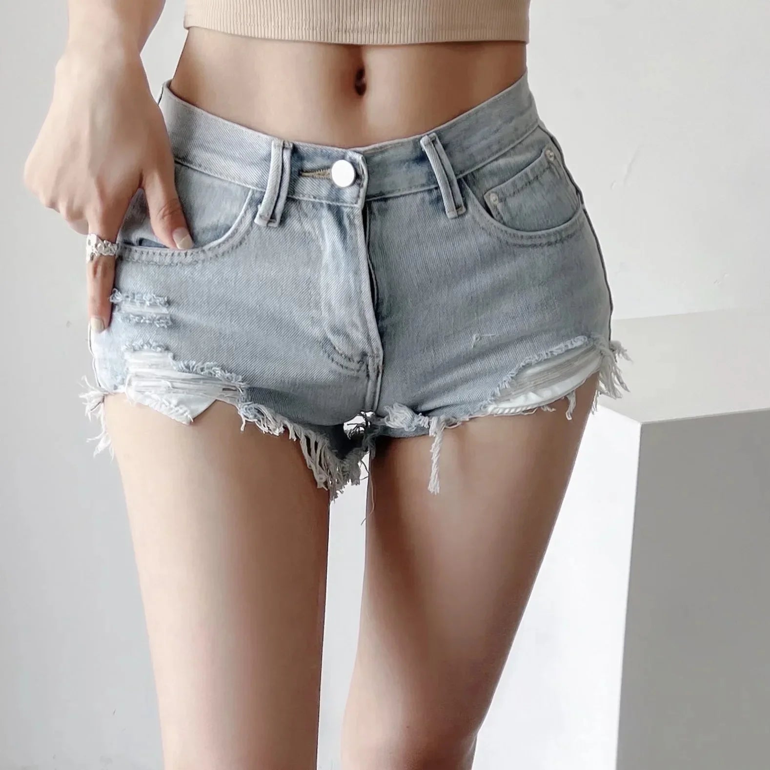 Shorts Denim Washed Jean High Waist Hole Spliced Slim Fit Jeans Casual Pockets Short Straight Pants