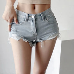 Shorts Denim Washed Jean High Waist Hole Spliced Slim Fit Jeans Casual Pockets Short Straight Pants