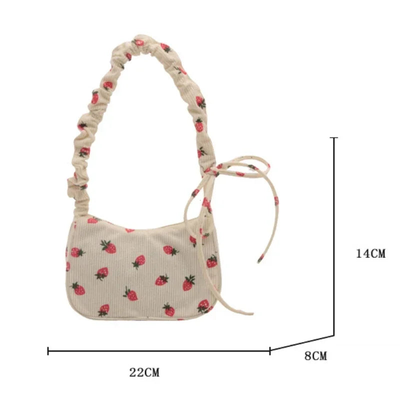Small Underarm Bag Corduroy Handbag Cute Strawberry Print Little Tote Half Moon Design Eco Cloth Purse Mini Shoulder Bags